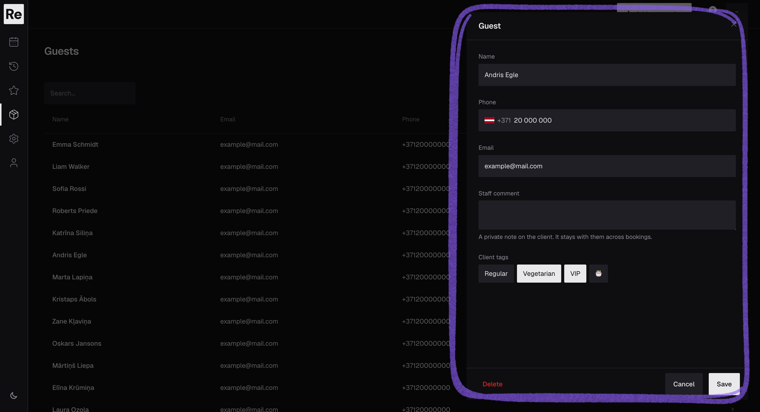 Reseffi guest list with fictional guests, their contact details, and tags
