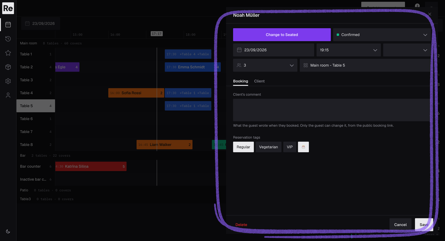 Reseffi reservation details panel with empty fictional guest fields and booking controls
