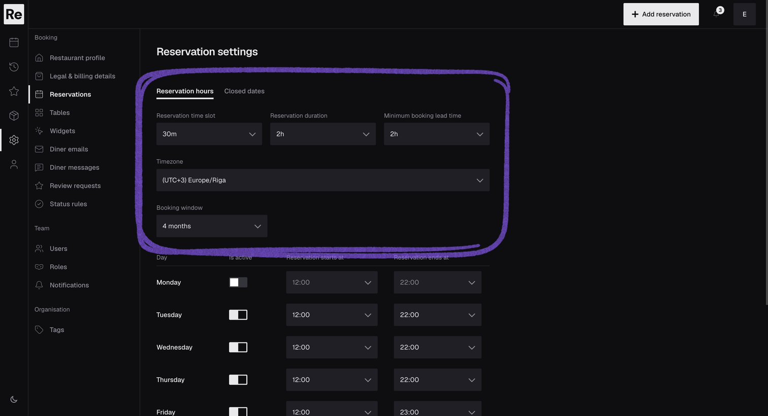 Reseffi reservation settings showing fictional opening hours, booking duration, lead time, and timezone