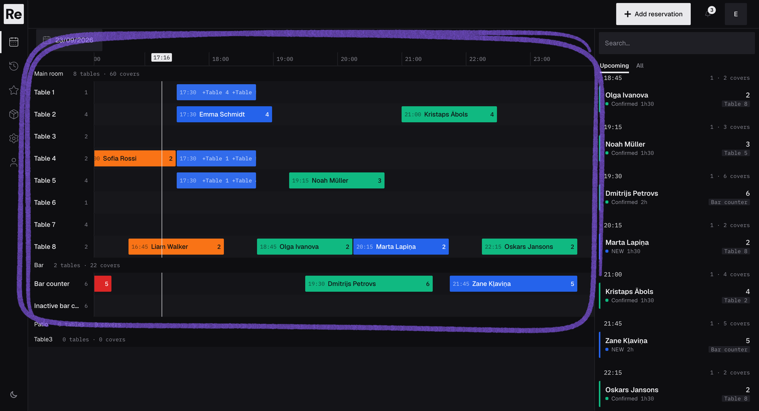 Reseffi reservation dashboard showing fictional bookings arranged by time and table