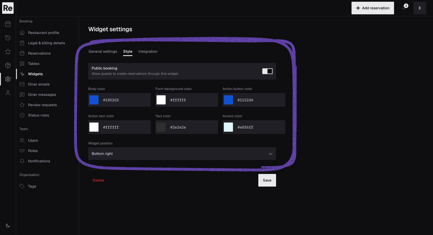 Reseffi widget style settings showing fictional brand colors, a public booking switch, and the widget position
