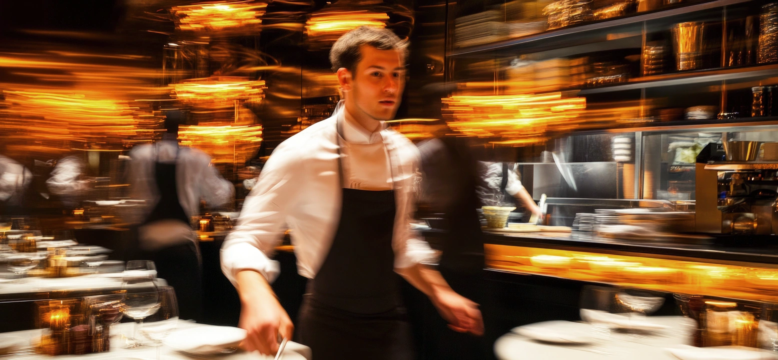 Busy restaurant kitchen with chef working